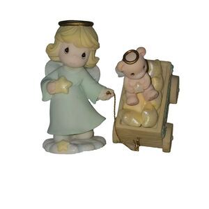 Precious Moments Christmas Wish Stars Girl Angel Pulling Wagon Covered Box